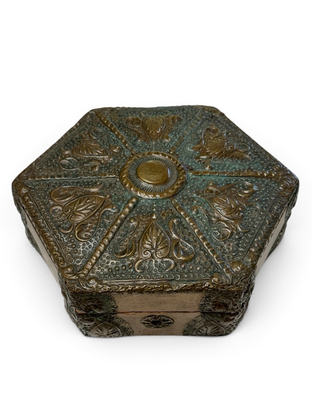 Antique Brass & Wood Ornate Hexagonal Decorative Trinket Box from Czech Republic
